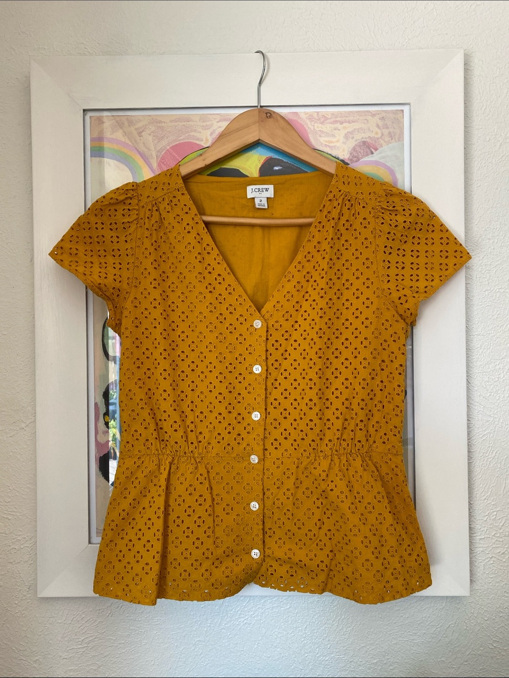J. Crew Mustard Eyelet Button Front Peplum Blouse